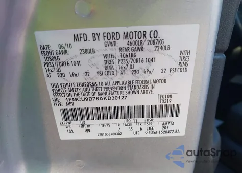 2010 Ford Escape Xlt from USA, damaged, VIN 1FMCU9D78AKD30127